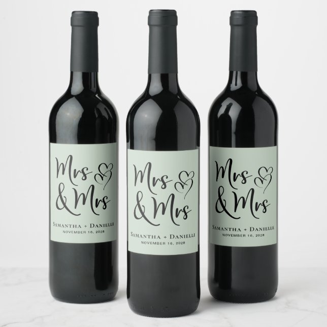 Mrs & Mrs Lesbian Sage Green Wedding Wine Label (Bottles)