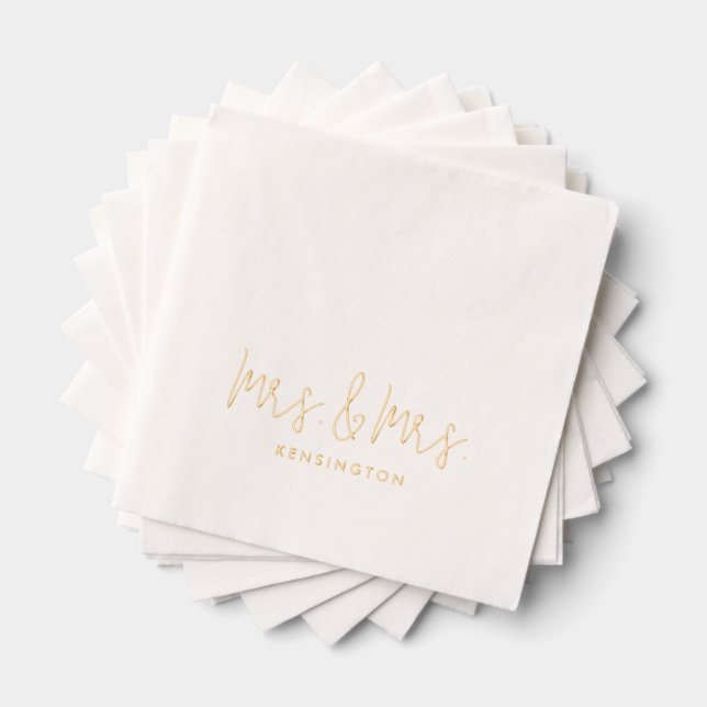 Mrs & Mrs Modern Script Custom Name Wedding Gold Foil Napkins (Insitu (Stacked))