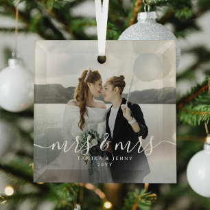 Mrs & Mrs Newlyweds Photo Christmas Script Glass Ornament