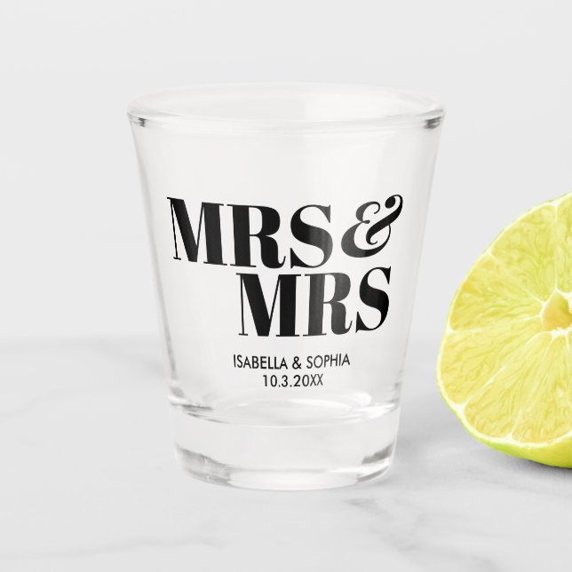 Mrs & Mrs Personalized Wedding Shot Glass Favors (Front)