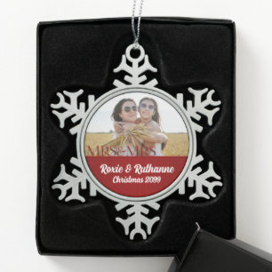 Mrs & Mrs Red Holiday Lesbian Marriage Photo Snowflake Pewter Christmas Ornament