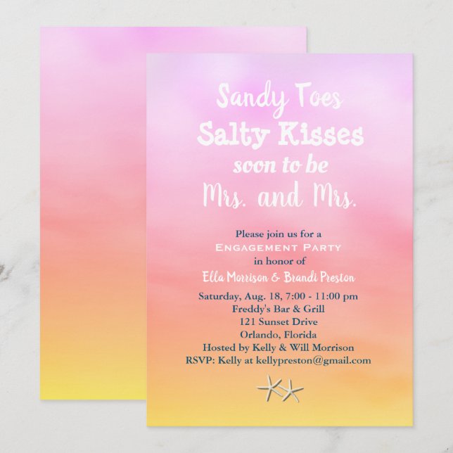 Mrs. & Mrs. Sandy Toes Engagement Party sunset Invitation (Front/Back)