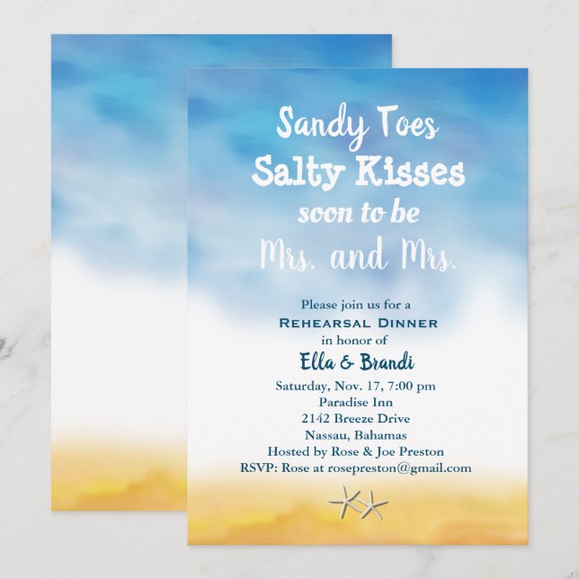 Mrs. & Mrs. Sandy Toes Rehearsal Dinner sky & sand Invitation (Front/Back)