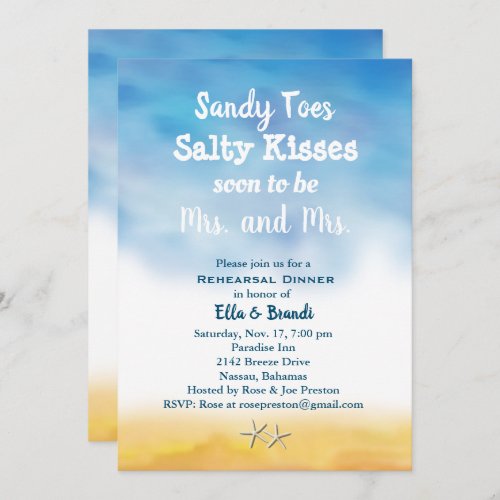 Mrs  Mrs Sandy Toes Rehearsal Dinner sky  sand Invitation