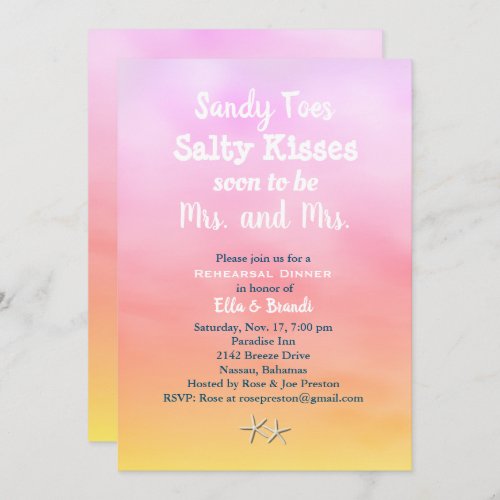 Mrs  Mrs Sandy Toes Rehearsal Dinner sunset Invitation