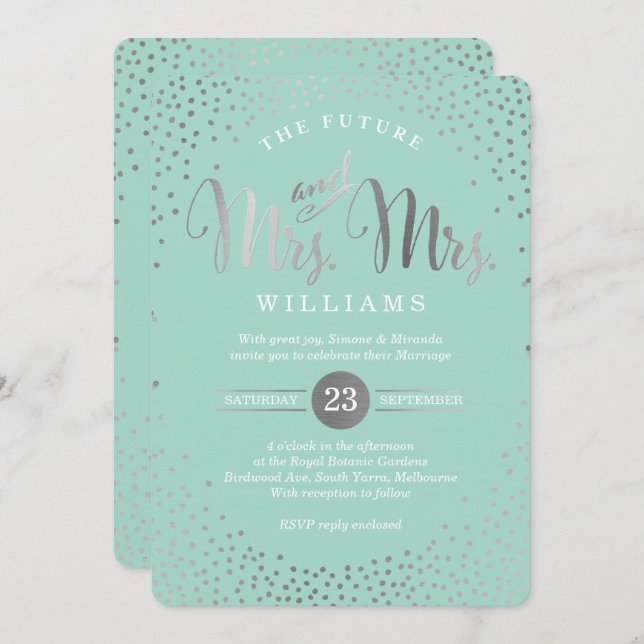 MRS & MRS STYLISH WEDDING silver confetti mint Invitation (Front/Back)