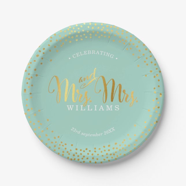 MRS & MRS STYLISH WEDDING TABLE confetti gold mint Paper Plates (Front)