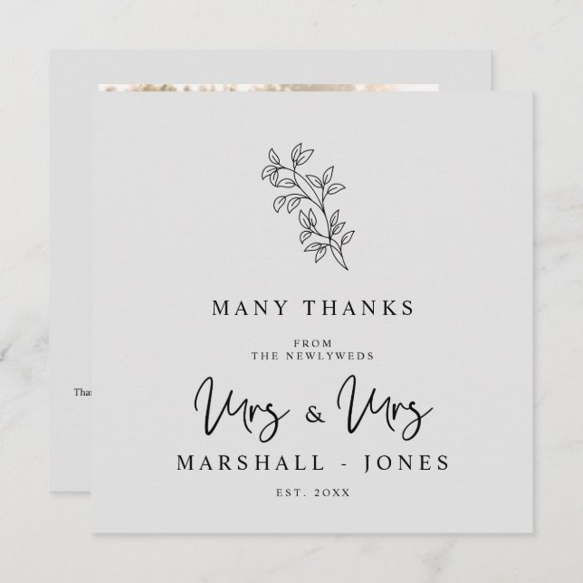 MRS & MRS Wedding Black Fancy Minimalist Branches Thank You Card (Front/Back)