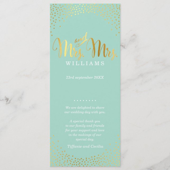 MRS & MRS WEDDING PROGRAM glam gold confetti mint (Front)