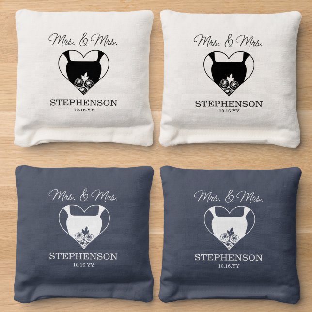 Mrs &. Mrs Wedding Two Brides Custom Name Cornhole Bags (Wood)