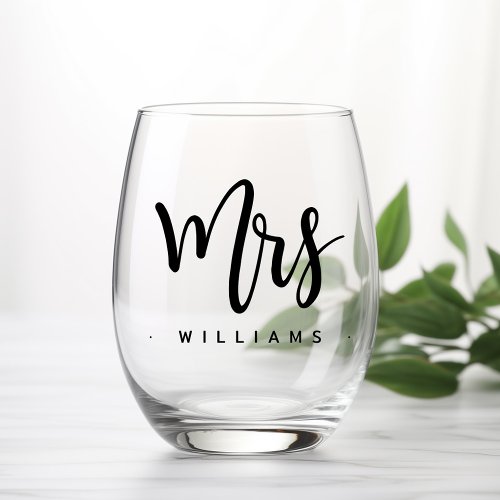 Mrs name calligraphy script wedding stemless wine glass