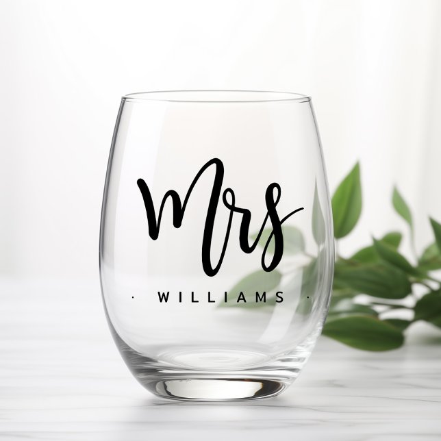 Mrs name calligraphy script wedding stemless wine glass (Mrs name calligraphy script wedding stemless wine glass)