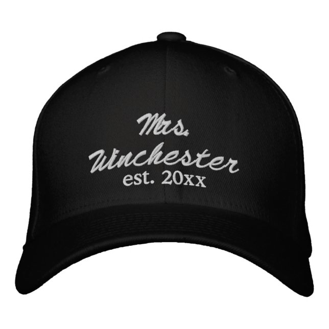 Mrs. Name Established date white custom script  Embroidered Baseball Cap (Front)