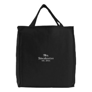 Mrs. Name Established date white custom script Embroidered Tote Bag