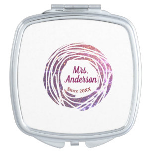 Mrs name pink mauve border since year wedding brid compact mirror
