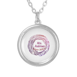 Mrs name pink mauve border since year wedding brid silver plated necklace