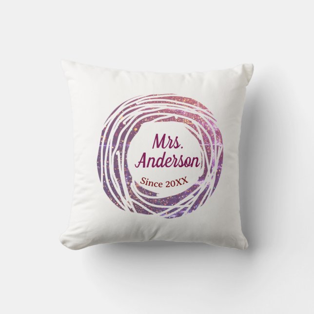 Mrs name pink mauve border since year wedding brid throw pillow (Front)