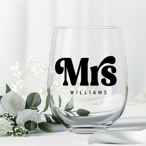 Mrs namer any color retro font wedding stemless wine glass