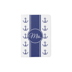 Mrs. Nautical Anchor Stripes Navy Blue Passport Holder