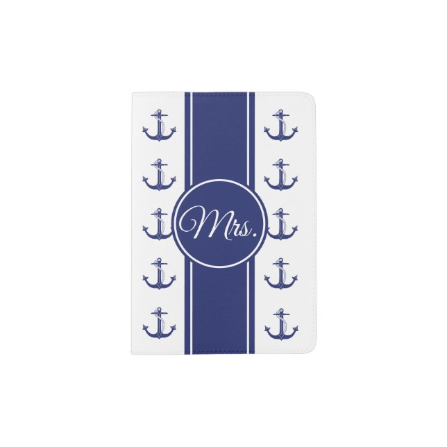 Mrs. Nautical Anchor Stripes Navy Blue Passport Holder (Front)