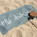 Mrs. New Name Bride Wedding Honeymoon Beach Towel<br><div class="desc">Celebrate your new bride status with this custom sage green beach towel featuring your new last name in white hand lettered signature script lettering with beginning and ending swashes. Makes a great wedding,  shower or honeymoon gift.</div>