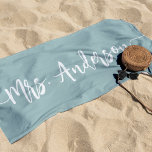 Mrs. New Name Bride Wedding Honeymoon Beach Towel<br><div class="desc">Celebrate your new bride status with this custom dusty aqua green beach towel featuring your new last name in white hand lettered signature script lettering with beginning and ending swashes. Makes a great wedding,  shower or honeymoon gift.</div>