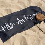 Mrs. New Name Bride Wedding Honeymoon Beach Towel<br><div class="desc">Celebrate your new bride status with this custom ash black beach towel featuring your new last name in white hand lettered signature script lettering with beginning and ending swashes. Makes a great wedding,  shower or honeymoon gift.</div>
