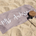 Mrs. New Name Bride Wedding Honeymoon Beach Towel<br><div class="desc">Celebrate your new bride status with this custom dusty rose blush pink beach towel featuring your new last name in white hand lettered signature script lettering with beginning and ending swashes. Makes a great wedding,  shower or honeymoon gift.</div>