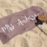 Mrs. New Name Bride Wedding Honeymoon Beach Towel<br><div class="desc">Celebrate your new bride status with this custom earth tone terracotta beach towel featuring your new last name in white hand lettered signature script lettering with beginning and ending swashes. Makes a great wedding,  shower or honeymoon gift.</div>
