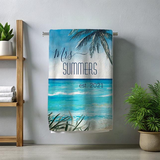 Mrs Newlywed Bride Monogram Watercolor Seascape Beach Towel (Creator Uploaded)