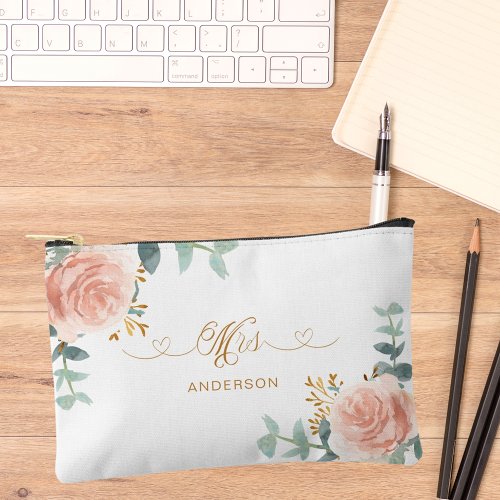 Mrs newlywed rose gold floral greenery accessory pouch