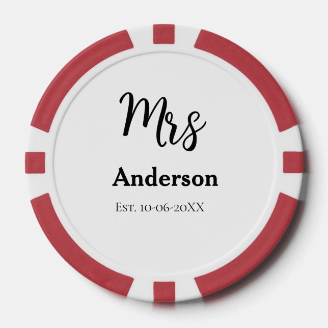 Mrs newlywed wife bride name date year est. Simple Poker Chips (Front)
