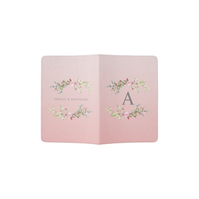 Mrs on Floral Wreath in Pink & Initial Honeymoon Passport Holder (Opened)
