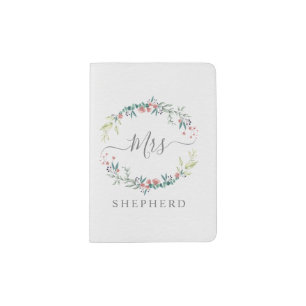 Mrs on Floral Wreath in Pink Tones for Honeymoon Passport Holder