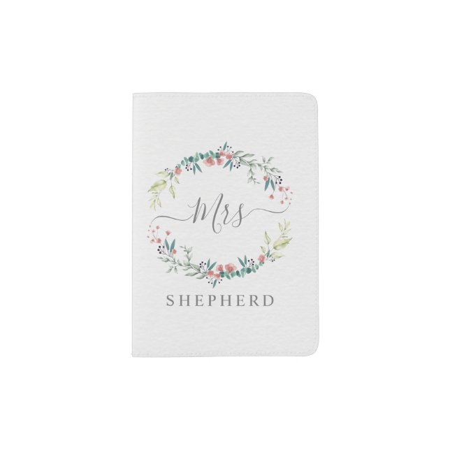 Mrs on Floral Wreath in Pink Tones for Honeymoon Passport Holder (Front)