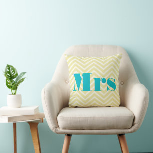 Mrs. Pale Yellow Ivory Bright Aqua Zig Zag Throw Pillow