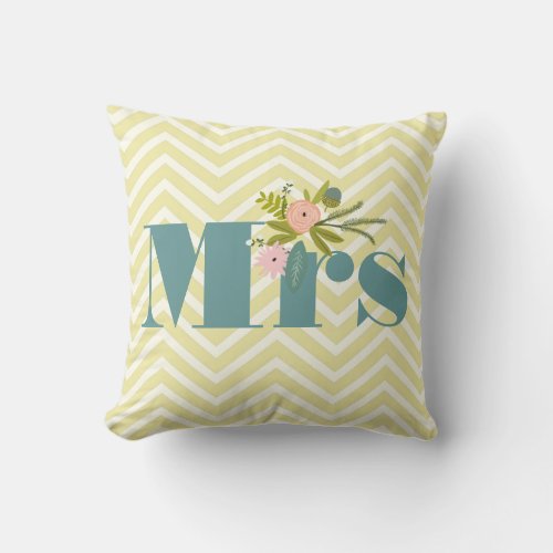 Mrs Pale Yellow Ivory Teal Zig Zag Throw Pillow