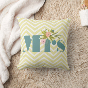 Mrs. Pale Yellow White Teal Zig Zag Throw Pillow