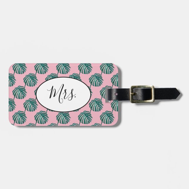 Mrs Palm Print Turquoise Luggage Tag (Front Horizontal)