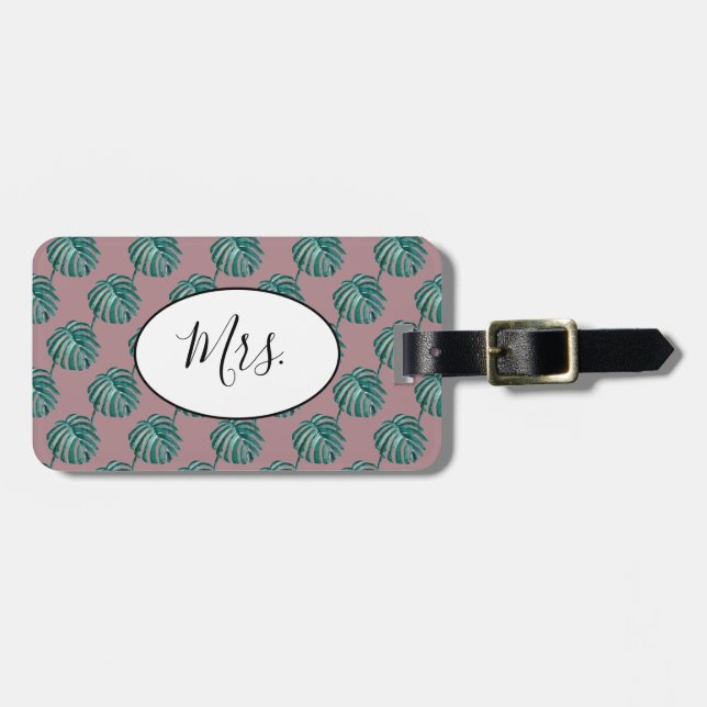 Mrs Palm Print Turquoise Luggage Tag (Front Horizontal)