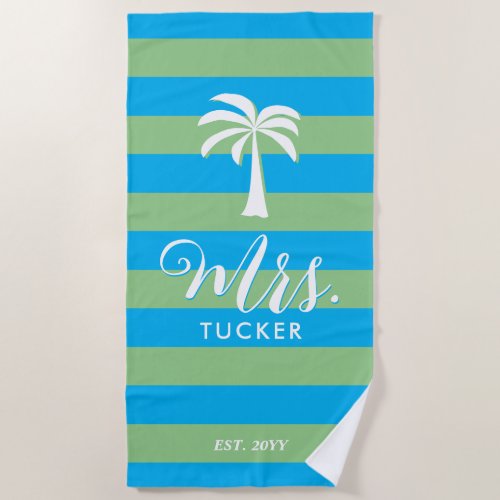 Mrs Palm Tree Beachy Blue Green Wedding Gift Beach Towel