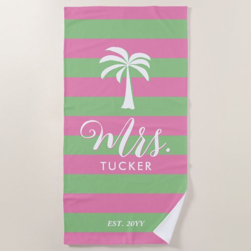 Mrs Palm Tree Beachy Pink Green Wedding Gift Beach Towel