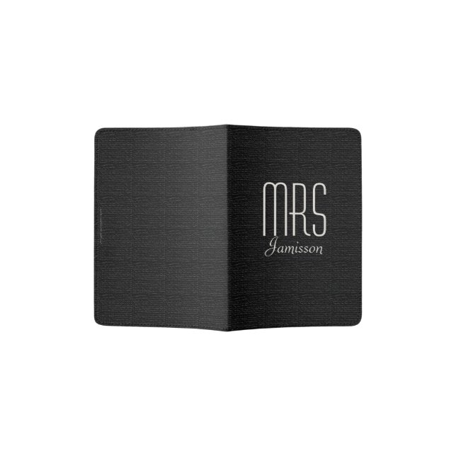 "Mrs" Passport Holder, Black Faux Textured Holder (Opened)