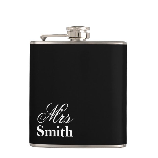 Mrs Personalized Name White Black Flask (Front)