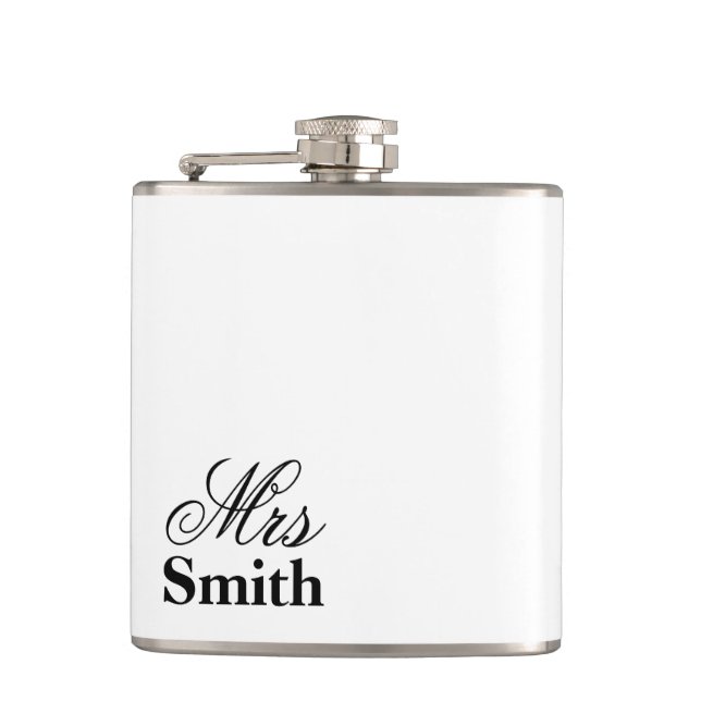 Mrs Personalized Name White Black Flask (Front)