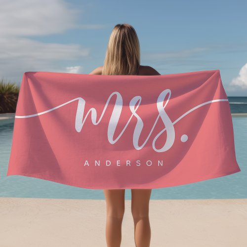 Mrs Pink And White Newlywed Bride Personalized Beach Towel
