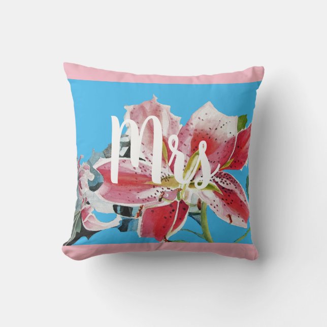 Mrs Pink Lily floral Wedding Decor Cushion (Front)