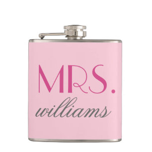 Mrs Pink Script Wedding Custom Last Name Hip Flask