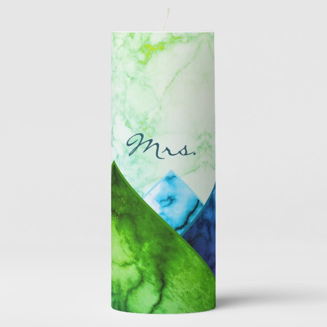 Mrs. Rainbow Marble Mountains Color Block Custom Pillar Candle (Front)