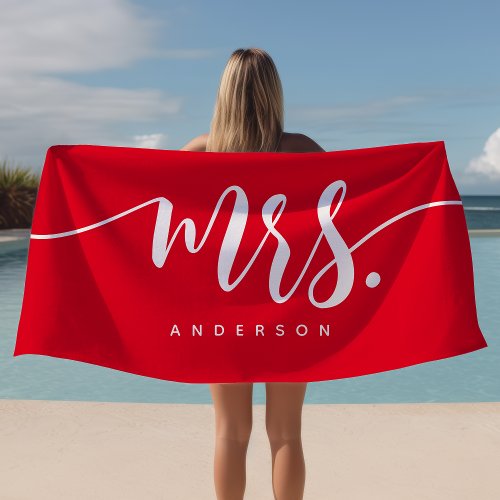 Mrs Red And White Newlywed Bride Personalized Beach Towel